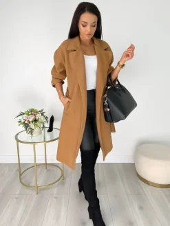 Brązowy Płaszcz z Paskiem 6892-137-C|Modna Kiecka Online