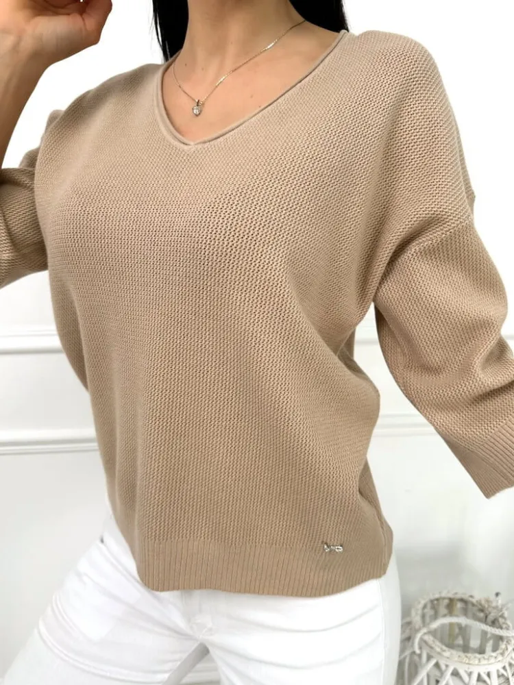 Brązowy Sweterek z Dekoltem V 13441-321-C|Modna Kiecka Fashion