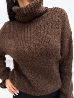 Brązowy Sweterek z Golfem i Ozdobnym Rękawem 13345-160-C|Modna Kiecka Fashion