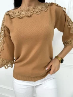 Brązowy Sweterek z Ozdobnym Haftem 13439-290-C|Modna Kiecka Fashion