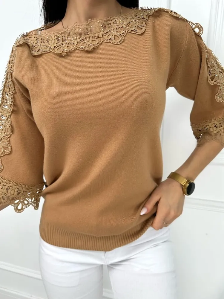 Brązowy Sweterek z Ozdobnym Haftem 13439-290-C|Modna Kiecka Fashion