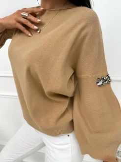 Brązowy Sweterek z Ozdobnym Rękawem 13443-199-C|Modna Kiecka Outlet