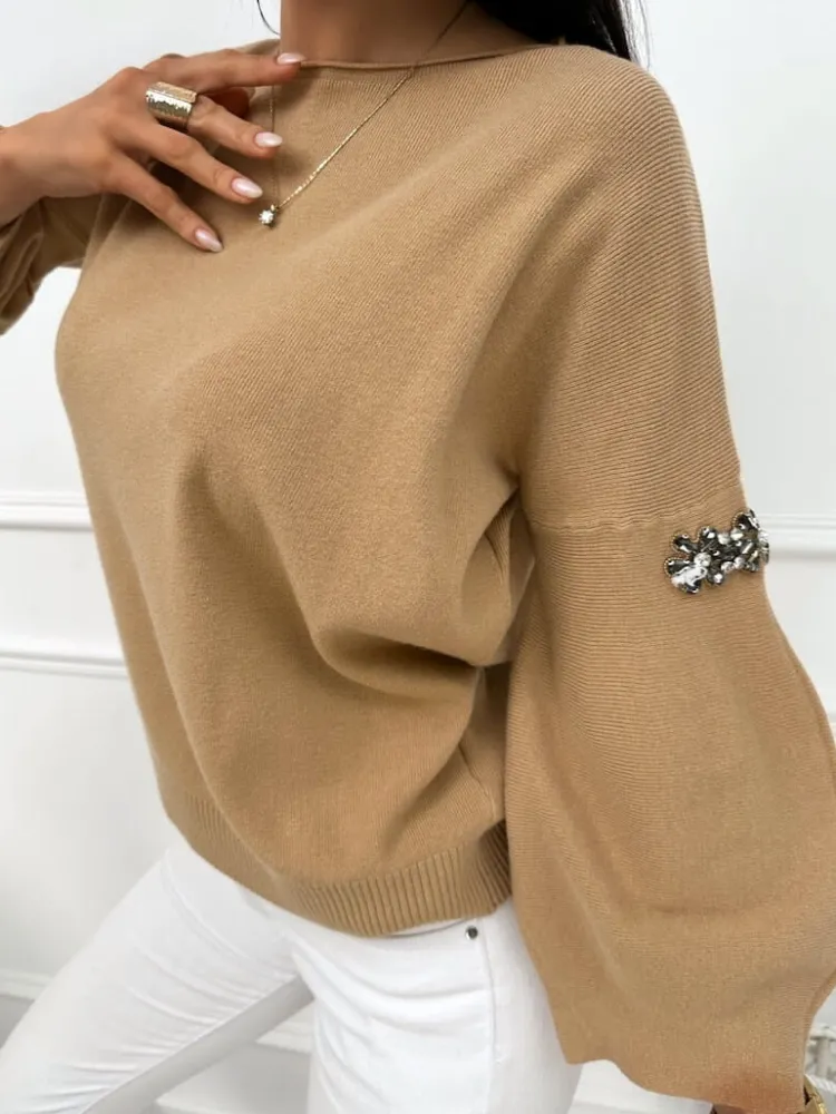 Brązowy Sweterek z Ozdobnym Rękawem 13443-199-C|Modna Kiecka Outlet