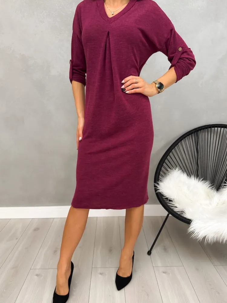 Burgundowa Sweterkowa Sukienka z Dekoltem V 12923-101-G|Modna Kiecka Hot