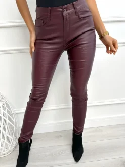 Burgundowe Woskowane Spodnie  13372-02-Q|Modna Kiecka Online