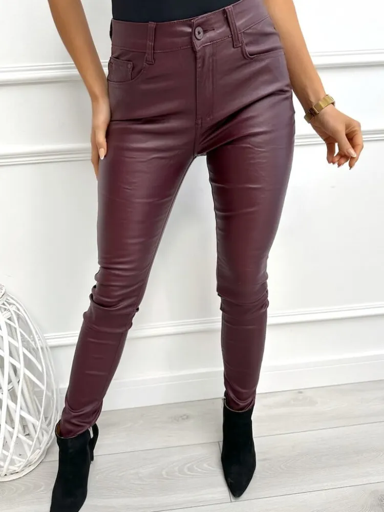 Burgundowe Woskowane Spodnie 13372-02-Q|Modna Kiecka Online