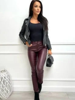 Burgundowe Woskowane Spodnie  13372-02-Q|Modna Kiecka Online