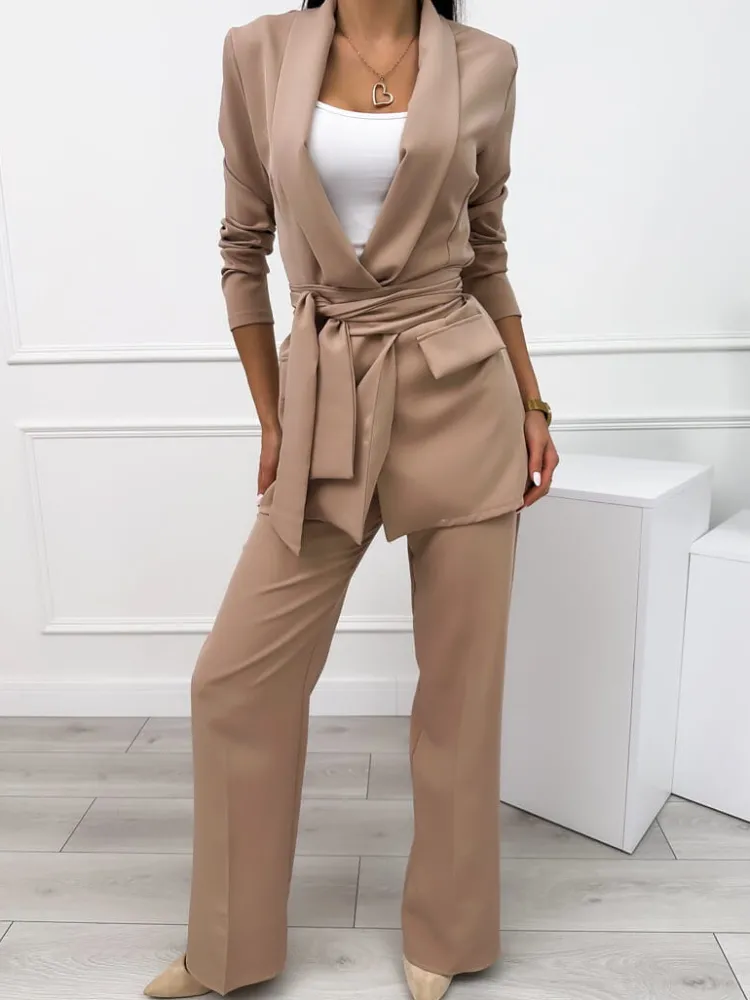 Cappuccino Komplet Marynarka + Spodnie 9613-346-M|Modna Kiecka Online
