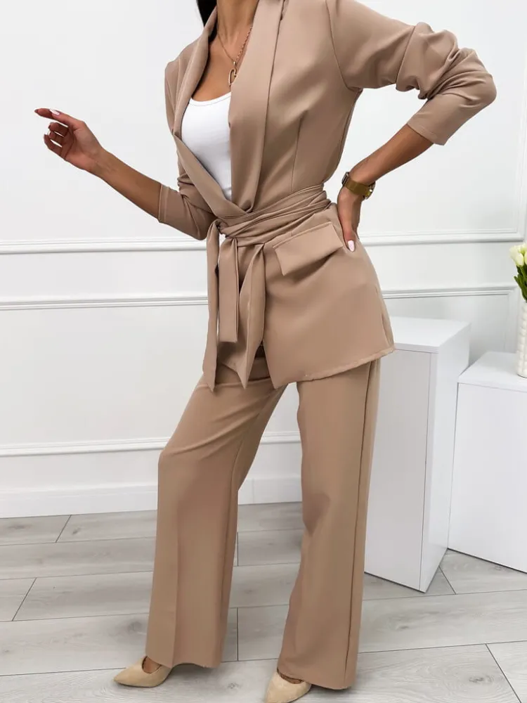 Cappuccino Komplet Marynarka + Spodnie 9613-346-M|Modna Kiecka Online