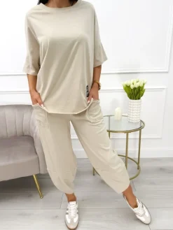 Ciemnobeżowy Dresowy Komplet 13653-521-O|Modna Kiecka Outlet