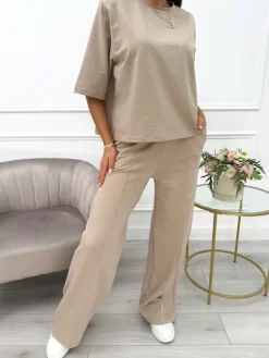 Ciemnobeżowy Komplet T-shirt Oversize + Spodnie 13789-174-F|Modna Kiecka Best