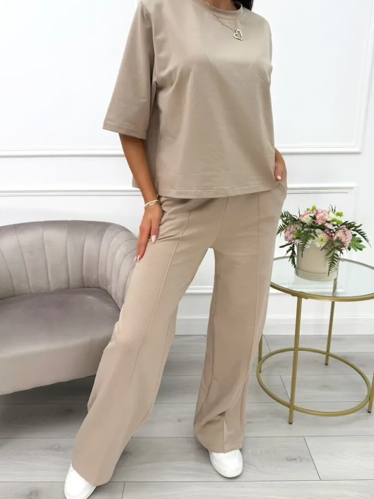 Ciemnobeżowy Komplet T-shirt Oversize + Spodnie 13789-174-F|Modna Kiecka Best