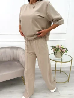 Ciemnobeżowy Komplet T-shirt Oversize + Spodnie 13789-174-F|Modna Kiecka Best