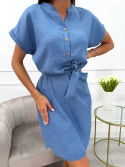 Ciemnoniebieska Sukienka z Paskiem 13903-511-D|Modna Kiecka Hot