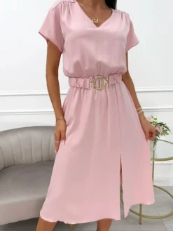 Ciemnopudrowa Sukienka z Paskiem 12387-406-J|Modna Kiecka Online