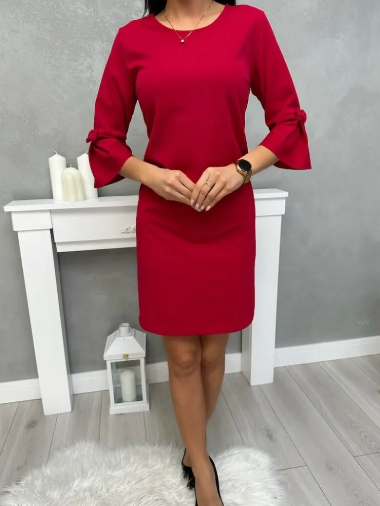 Ciemnoróżowa Sukienka z Ozdobnym Rękawkiem 11420-504-G|Modna Kiecka Outlet