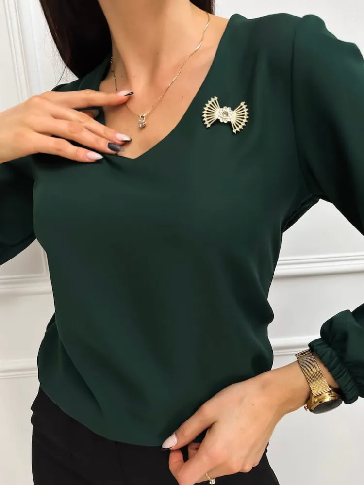 Ciemnozielona Bluzka z Ozdobą 11268-75-E|Modna Kiecka Online