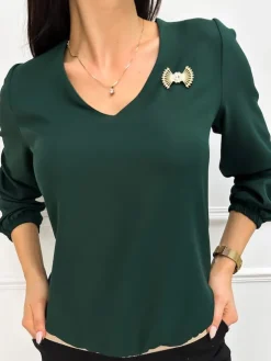 Ciemnozielona Bluzka z Ozdobą 11268-75-E|Modna Kiecka Online