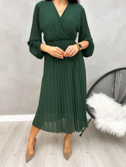 Ciemnozielona Plisowana Sukienka z Kopertowym Dekoltem 13213-290-D|Modna Kiecka Hot