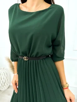 Ciemnozielona Plisowana Sukienka z Paskiem 11651-57-B|Modna Kiecka Discount