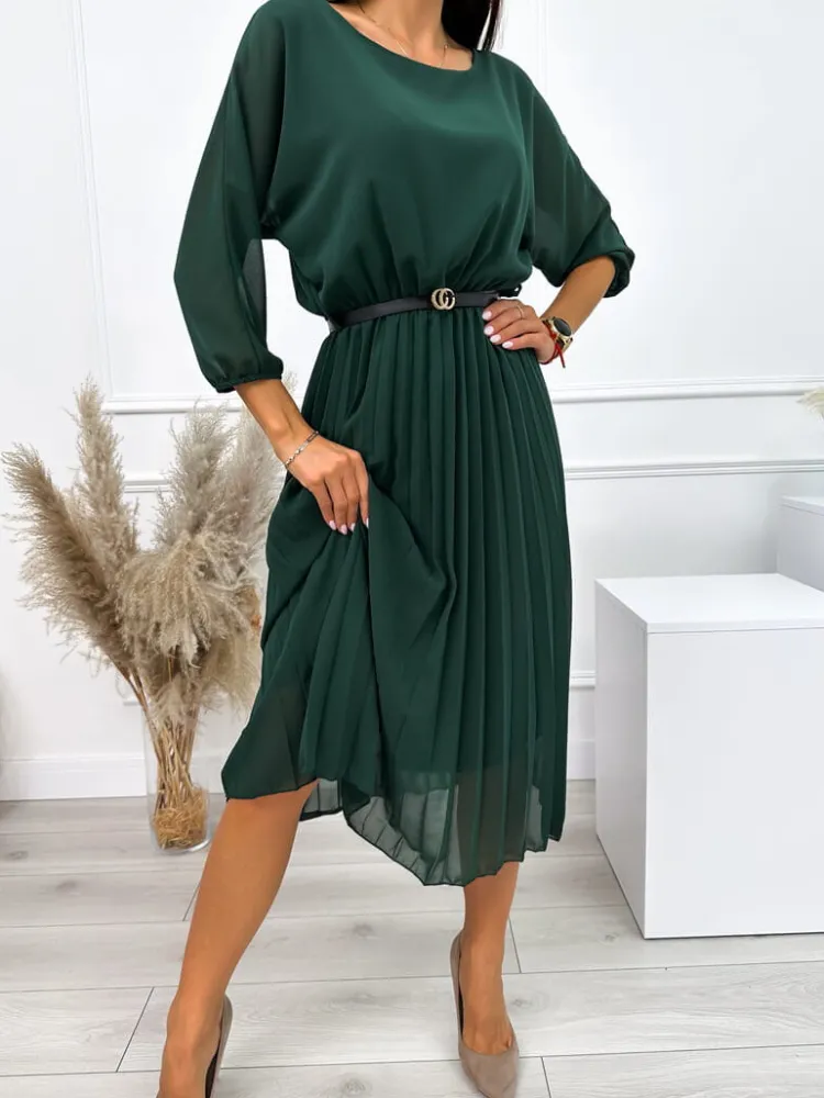 Ciemnozielona Plisowana Sukienka z Paskiem 11651-57-B|Modna Kiecka Discount