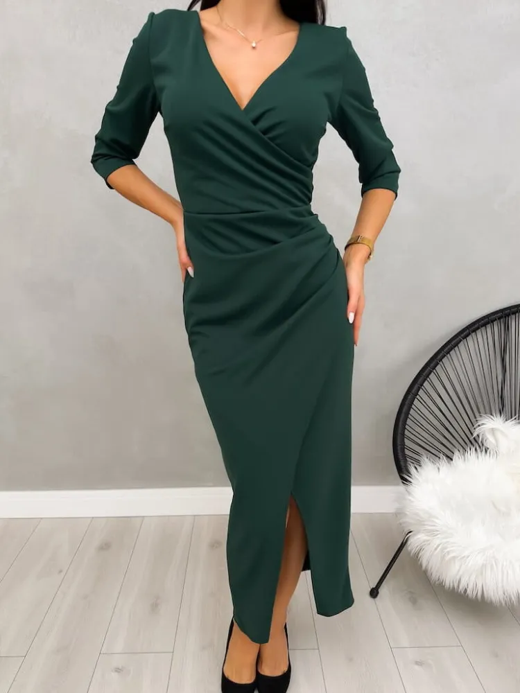 Ciemnozielona Sukienka Maxi z Rozporkiem 13189-527-D|Modna Kiecka Discount