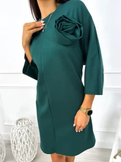 Ciemnozielona Sukienka Oversize z Ozdobną Różą 12818-358-D|Modna Kiecka Fashion