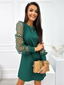 Ciemnozielona Sukienka z Ozdobnym Rękawem 11054-227-A|Modna Kiecka Discount