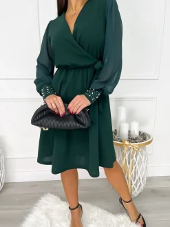 Ciemnozielona Sukienka z Wiązaniem 9201-216-D|Modna Kiecka Hot
