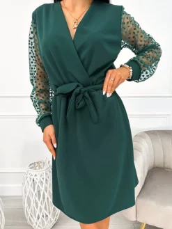 Ciemnozielona Sukienka z Ozdobnym Rękawem 11083-229-C|Modna Kiecka Discount