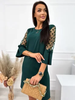 Ciemnozielona Sukienka z Ozdobnym Rękawem 10951-274-B|Modna Kiecka Sale