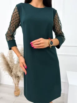 Ciemnozielona Sukienka z Ozdobnym Rękawem 10784-509-A|Modna Kiecka New