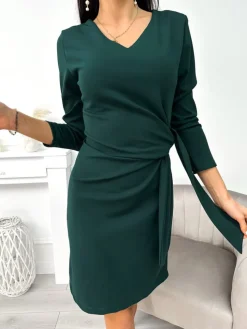 Ciemnozielona Sukienka z Wiązaniem 11339-300-C|Modna Kiecka Outlet