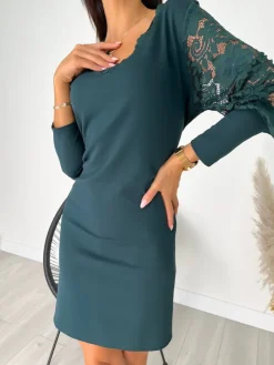 Ciemnozielona Sukienka z Koronką 11450-511-C|Modna Kiecka Outlet