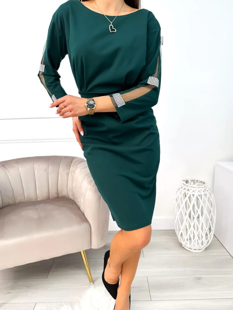 Ciemnozielona Sukienka z Ozdobnym Rękawem 11190-326-C|Modna Kiecka New