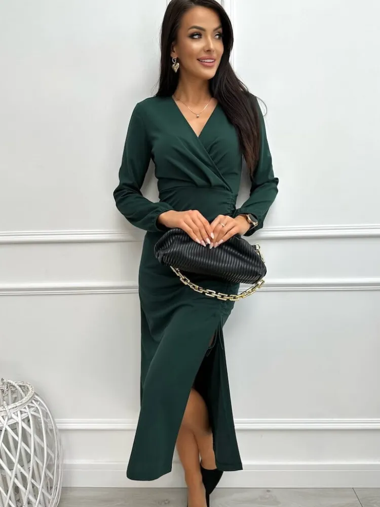 Ciemnozielona Sukienka ze Ściągaczem Midi 13356-91-C|Modna Kiecka Fashion
