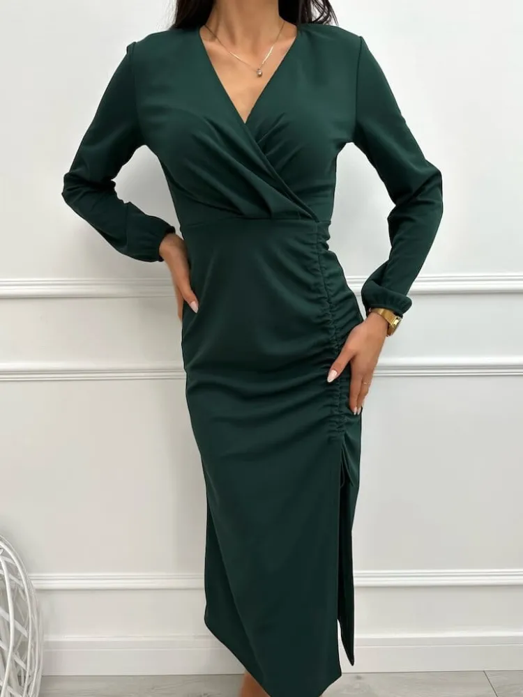 Ciemnozielona Sukienka ze Ściągaczem Midi 13356-91-C|Modna Kiecka Fashion