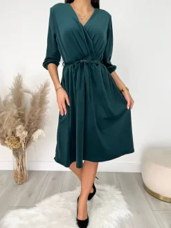 Ciemnozielona Welurowa Sukienka z Paskiem 9258-335-B|Modna Kiecka New