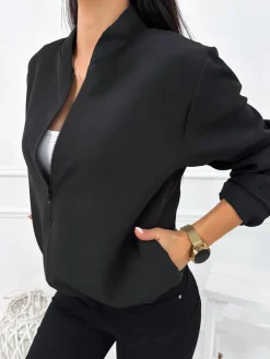 Czarna Bluza Bomberka z Kieszeniami 12702-143-A|Modna Kiecka Hot