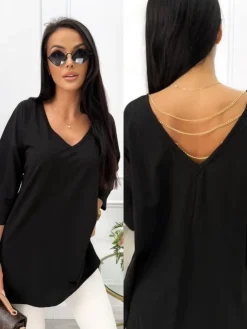 Czarna Bluzeczka z Ozdobnymi Łańcuszkami 13610-105-B|Modna Kiecka Outlet