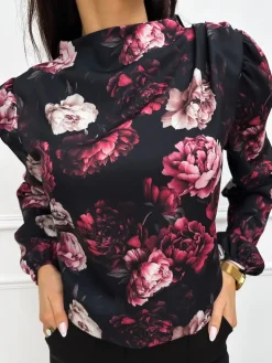 Czarna Bluzka w Kwiaty 13286-317 13286-317-Q|Modna Kiecka Discount