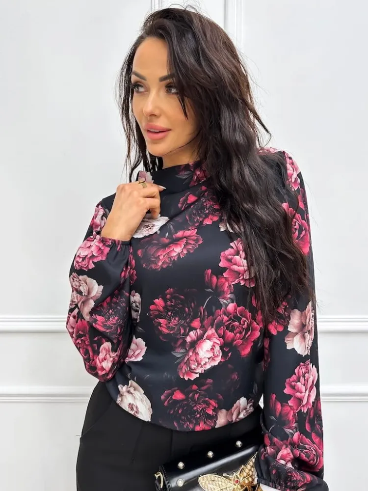 Czarna Bluzka w Kwiaty 13286-317 13286-317-Q|Modna Kiecka Discount