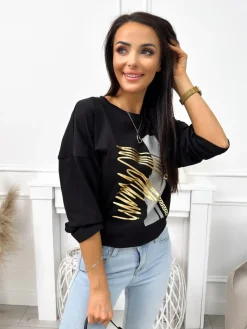 Czarna Bluzka z Aplikacją 11793-30-C|Modna Kiecka Discount