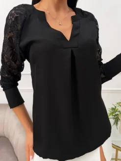 Czarna Bluzka z Koronkowym Rękawem 13524-86-B|Modna Kiecka Online