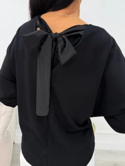 Czarna Bluzka z Wiązaniem 13826-240-B|Modna Kiecka Outlet