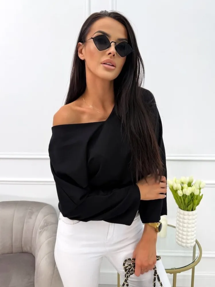 Czarna Bluzka z Wiązaniem 13826-240-B|Modna Kiecka Outlet