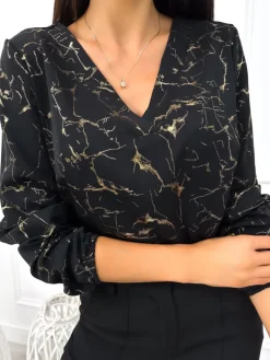 Czarna Bluzka ze Złotym Wzorem 12715-294-B|Modna Kiecka Clearance