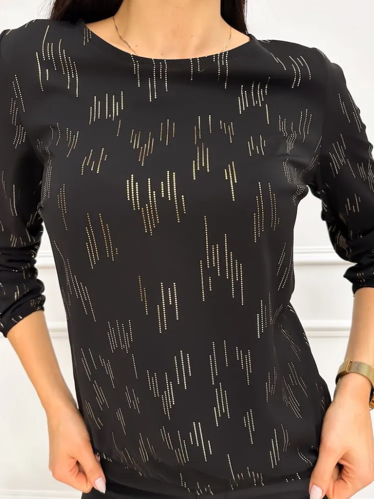 Czarna Bluzka ze Złotym Wzorem 13220-122-B|Modna Kiecka Fashion