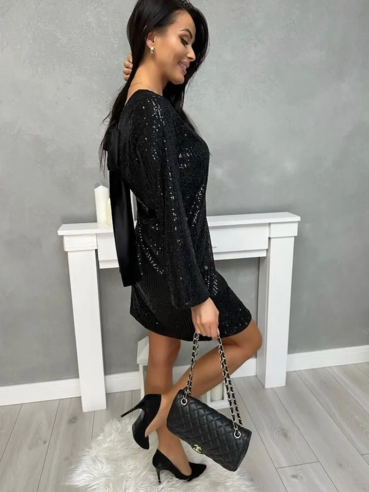 Czarna Cekinowa Sukienka z Wiązaniem 13408-316-A|Modna Kiecka Discount