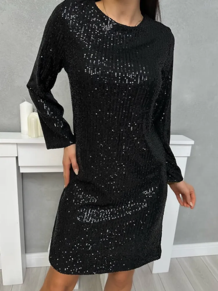 Czarna Cekinowa Sukienka z Wiązaniem 13408-316-A|Modna Kiecka Discount